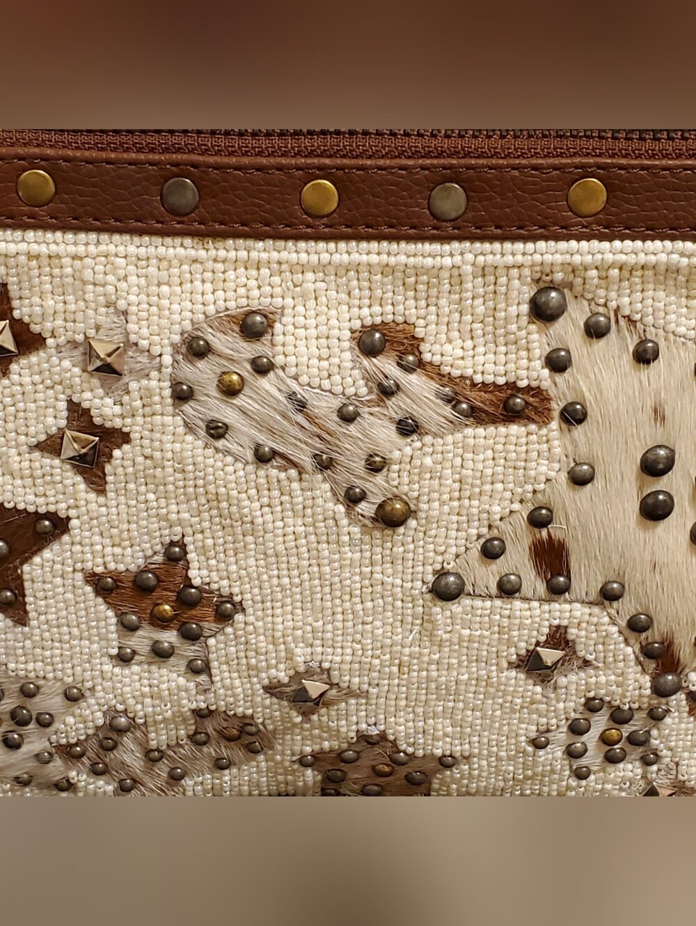 Shyanne Cream Beaded Star Stud Wristlet in Brown Leather & Cowhide - Picture 3 of 3